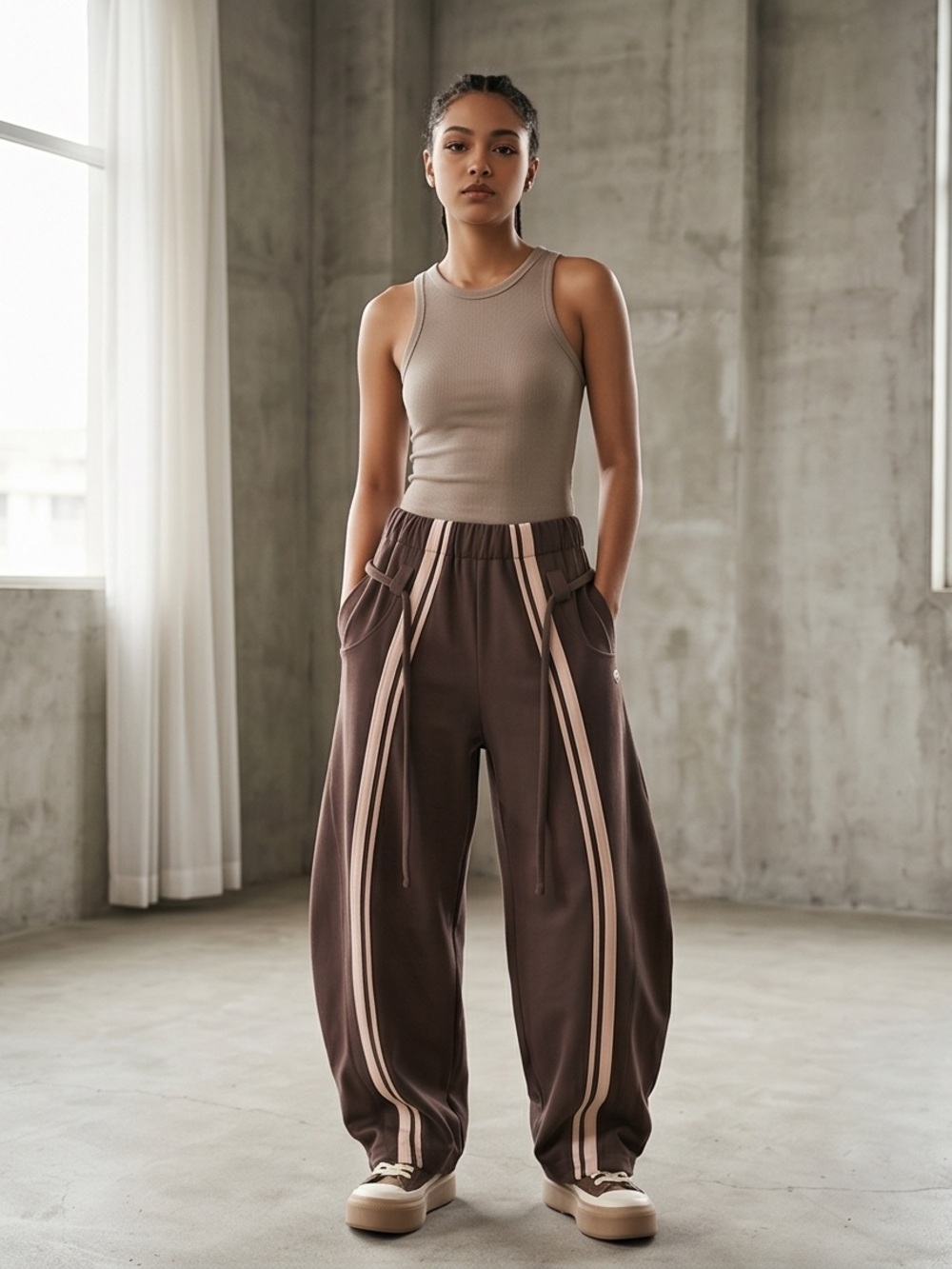 Aelfric Eden Women’s Wide-Leg Sweat Pants in Chocolate with Contrast Stripes